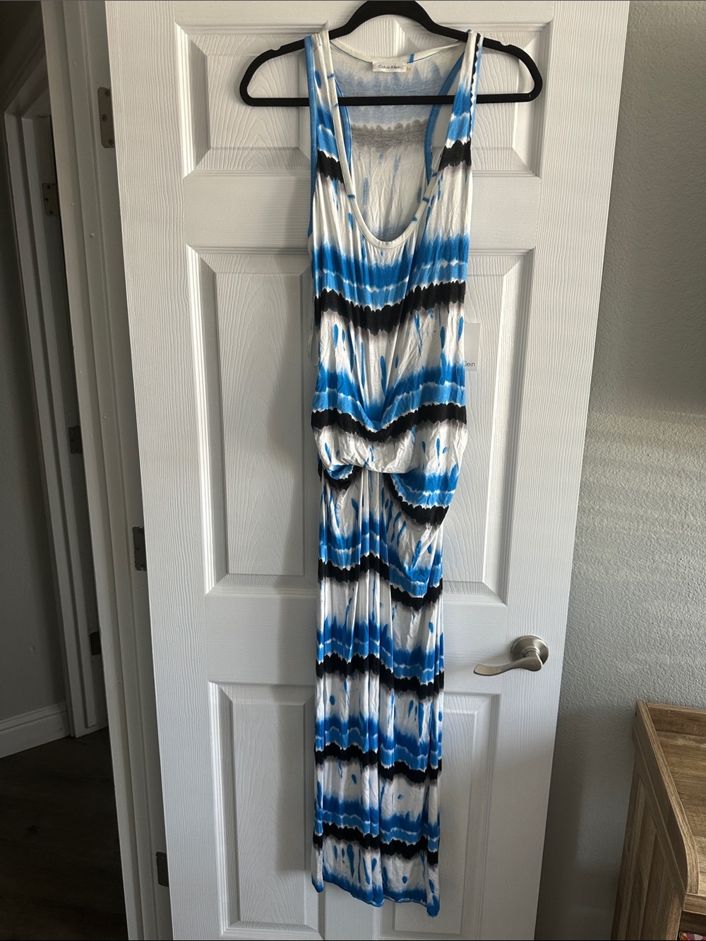 Calvin Klein Blue, Black and White Tie-Dye Maxi Dress